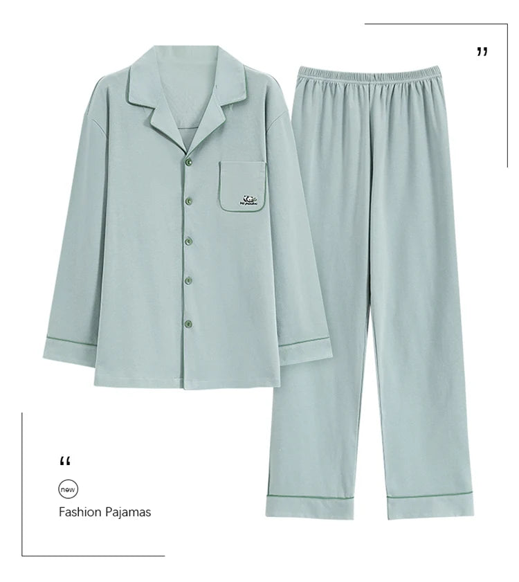 100% Bomull Parpyjamas – Höst/Vinter – Långärmad & Lös Passform – Koreansk Stil