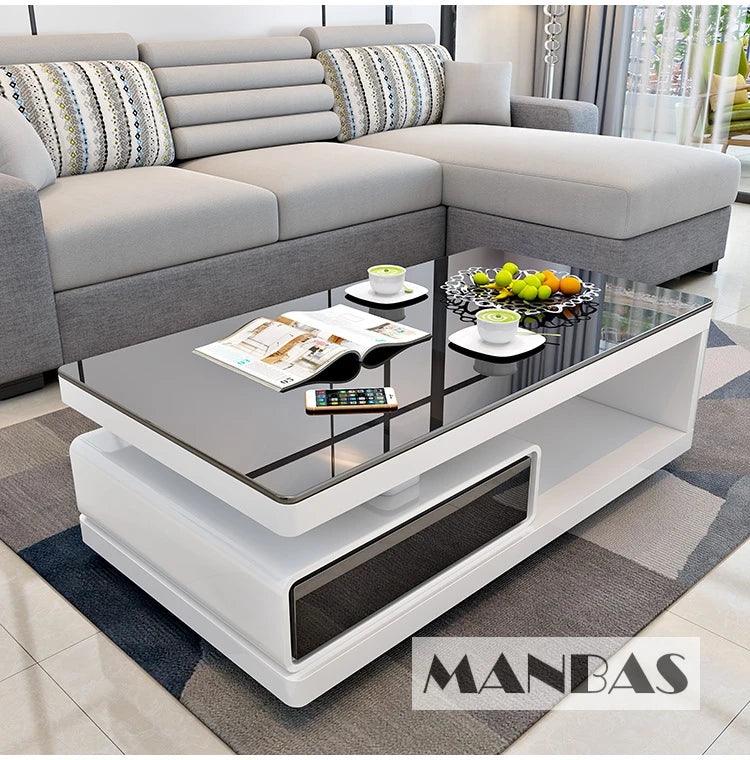 MANBAS TV-bänk & Smart Soffbord – Glansig Vit/Svart Design för Vardagsrummet