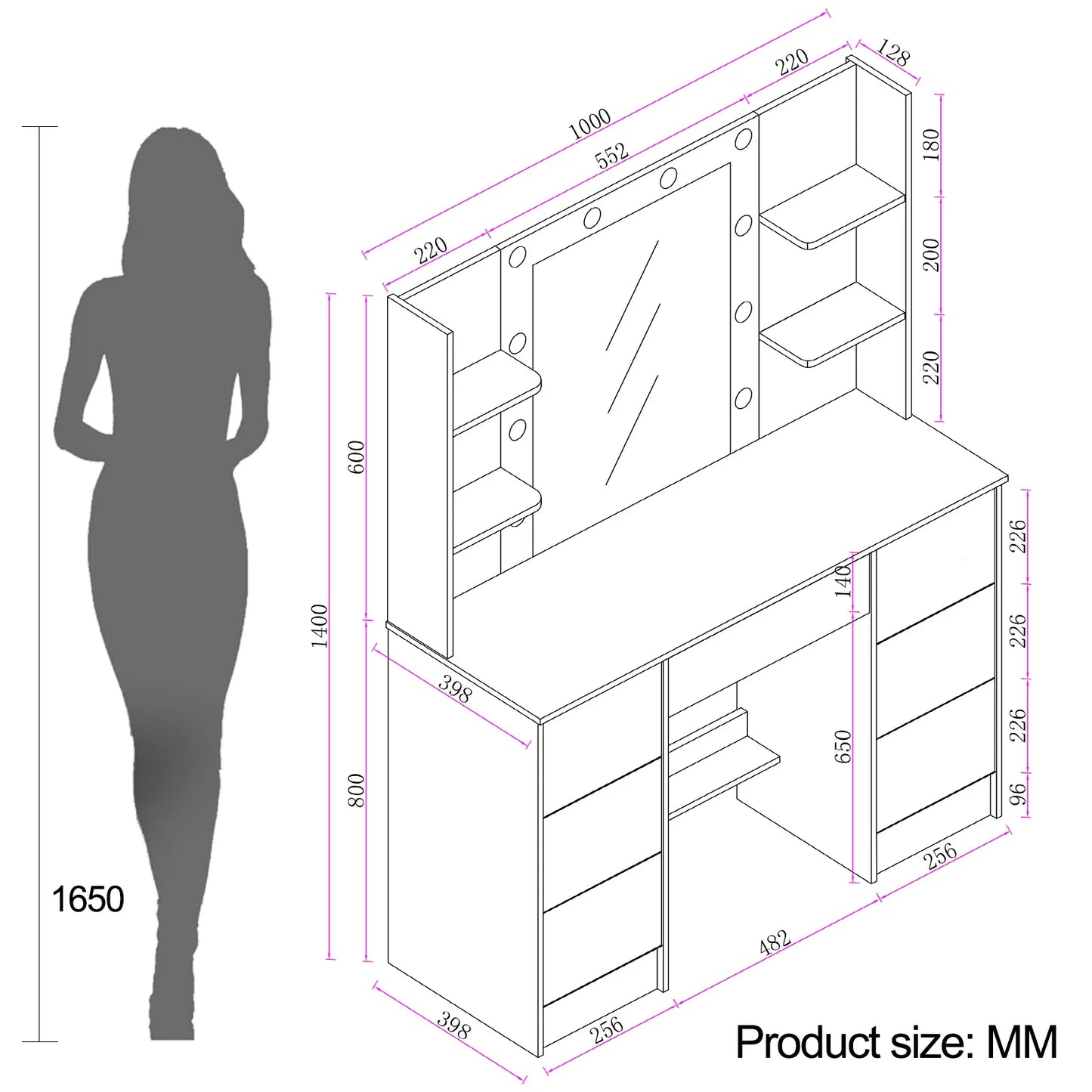 Sminkbord med LED-spegel och 7 lådor – Yamissi/Onesaimei