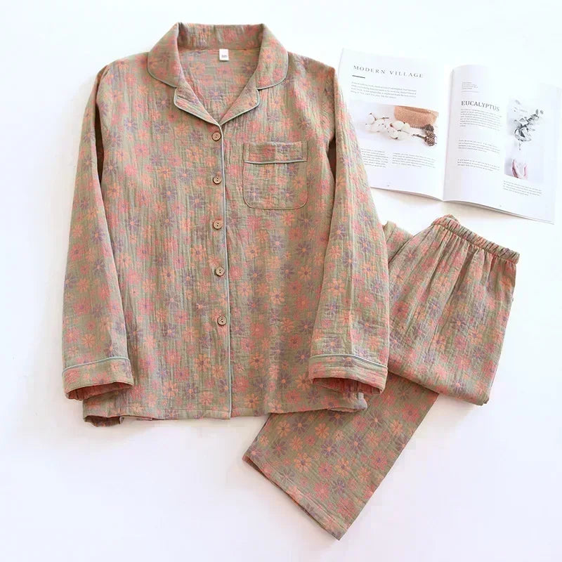 🌸 Elegant Pyjamas för Kvinnor – 100% Bomullskrepp – Blommigt Tryck – Vår & Sommar – 2-delad Set