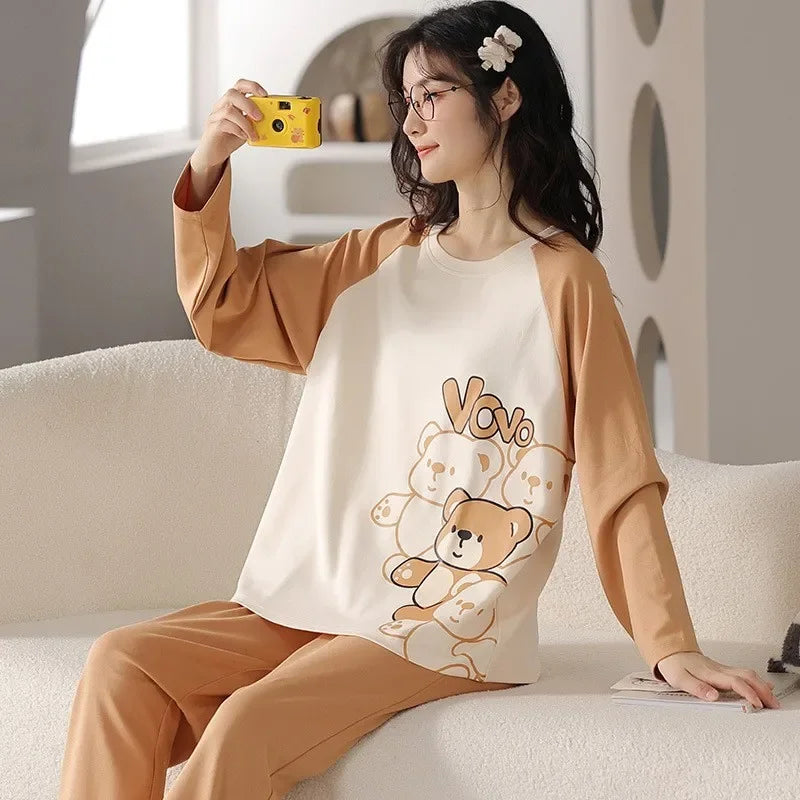 🛌 100% Kammad Bomull Pyjamas för Kvinnor – Höst/Vinter – Söt Tecknad Design – Långärmad & Långbyxor