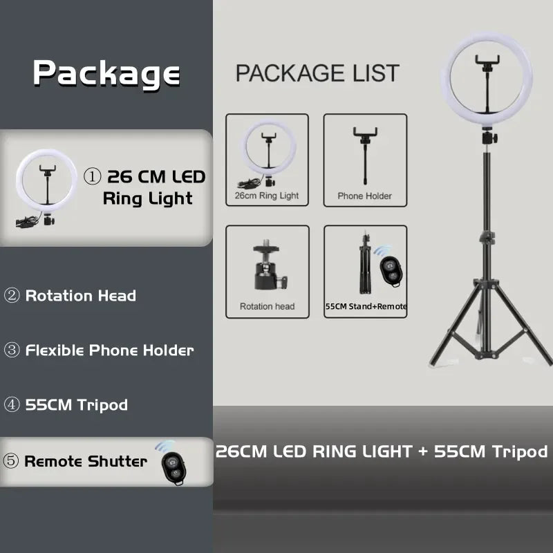 LED Ringljus med Stativ – 16/26/30 cm – USB – 10 Ljuslägen – För Makeup & Video