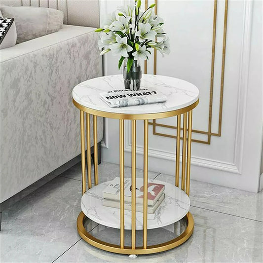 Wisfor Rund Sidobord med 2 Nivåer – Sintered Stone & Guldmetall – Modern Stil