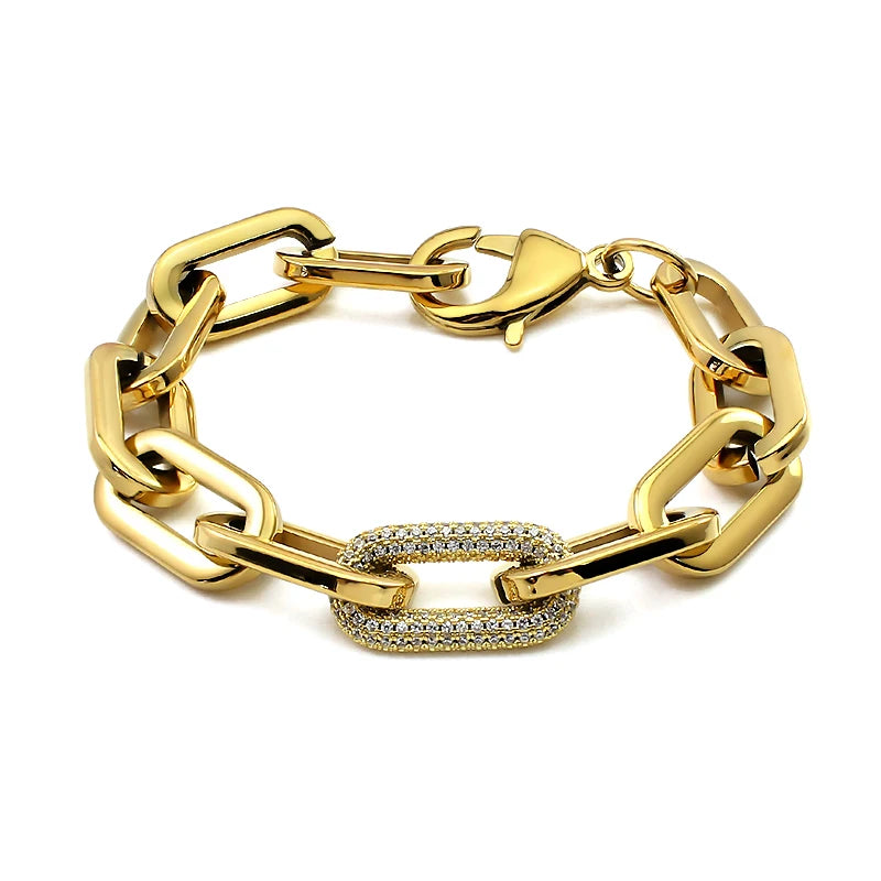 Tjock Länk-Kedjehalsband med Kristaller – 316L Rostfritt Stål – Guld & Silver – Unisex Hiphop Stil