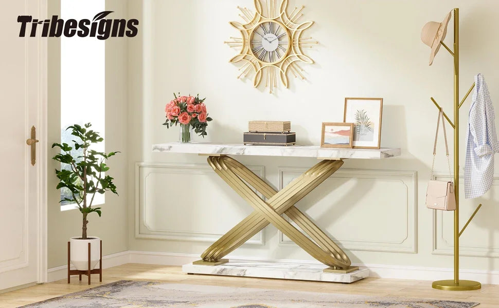 Tribesigns 140 cm Konsolbord – Marmorlook & Guld – Smal Rektangulär Design för Vardagsrum & Hall
