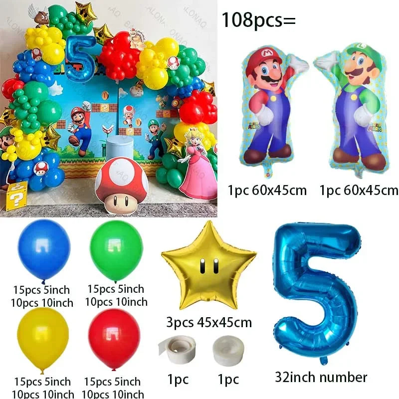 đ Ballongkit 108-pack â Super Bros Mario Tema â Röd, Gul, BlĂ„, Grön â För Barnkalas