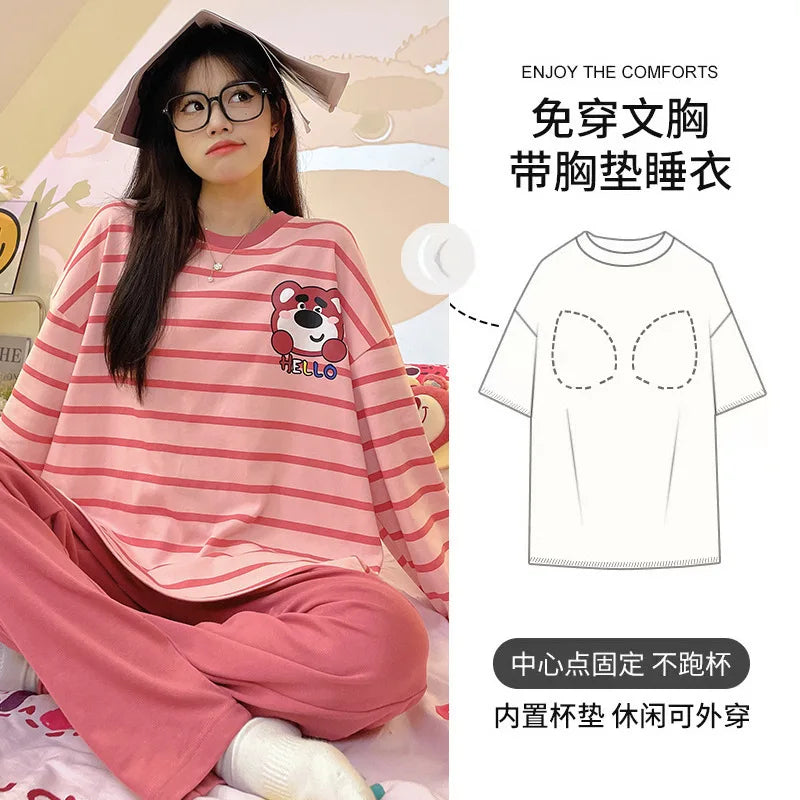 🌸 Koreansk Pyjamas för Kvinnor – Blommigt Tryck – Bomullsblandning med Korsett – Långärmad & Långbyxor