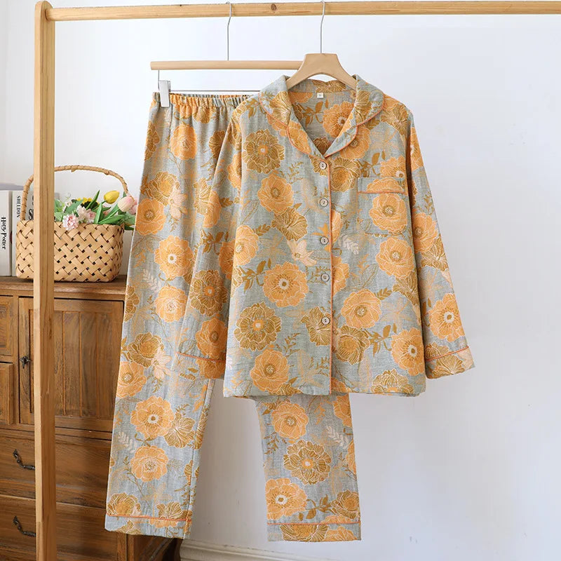 🌸 Elegant Pyjamas för Kvinnor – 100% Bomullskrepp – Blommigt Tryck – Vår & Sommar – 2-delad Set