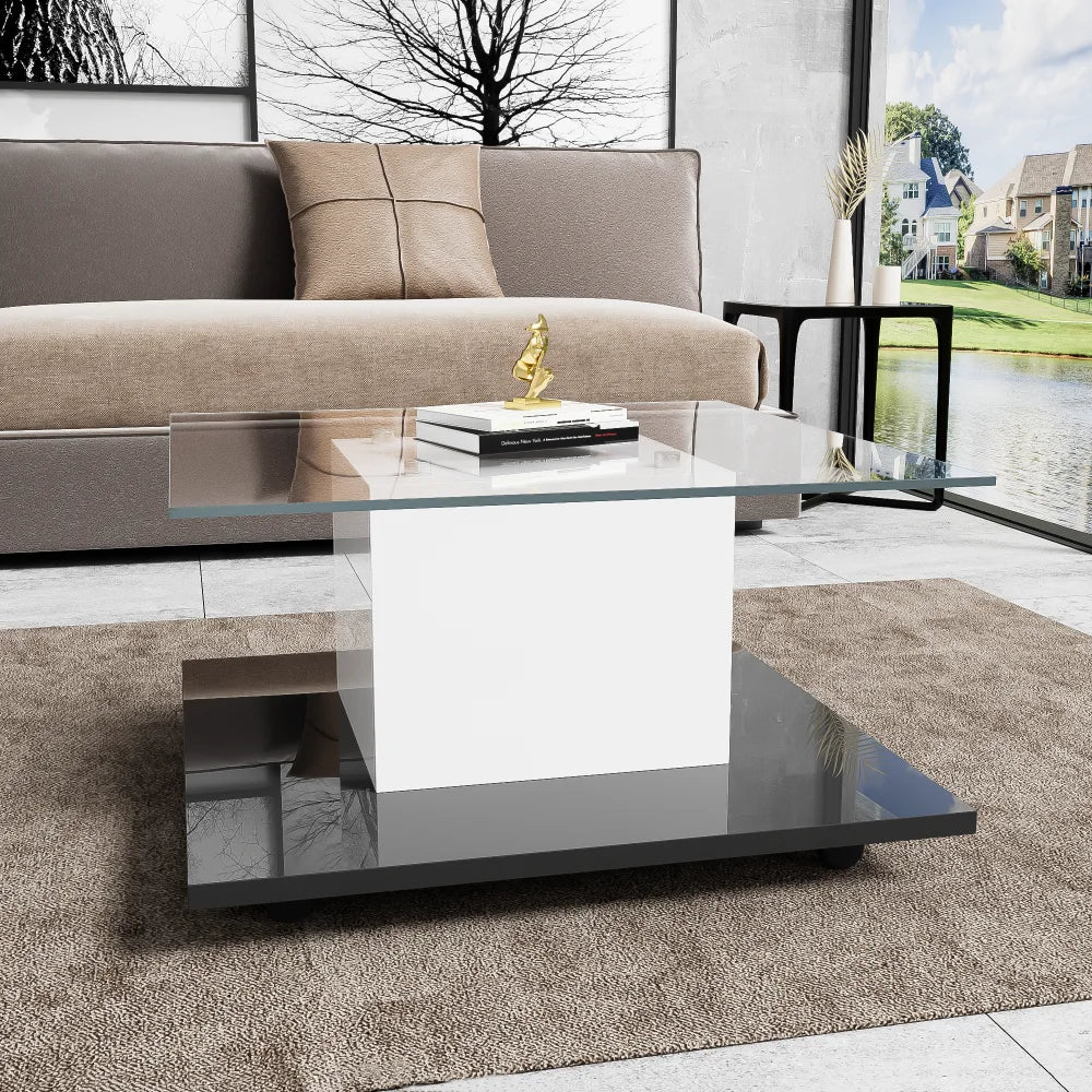 Modern Mobil Kaffebord med LED – Högblank Glasdesign – Svart & Vit – För Vardagsrum
