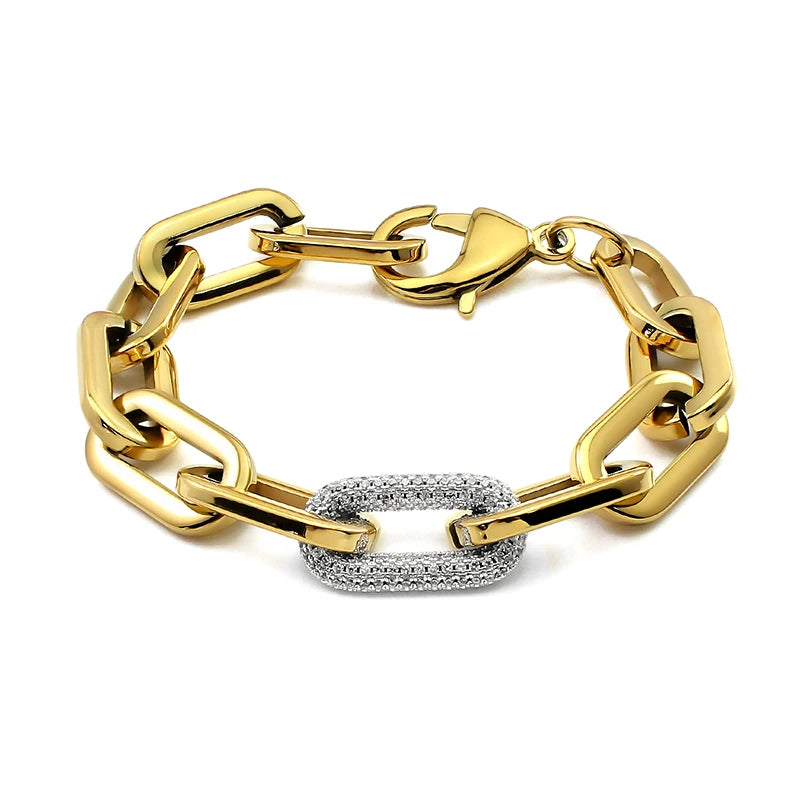 Tjock Länk-Kedjehalsband med Kristaller – 316L Rostfritt Stål – Guld & Silver – Unisex Hiphop Stil