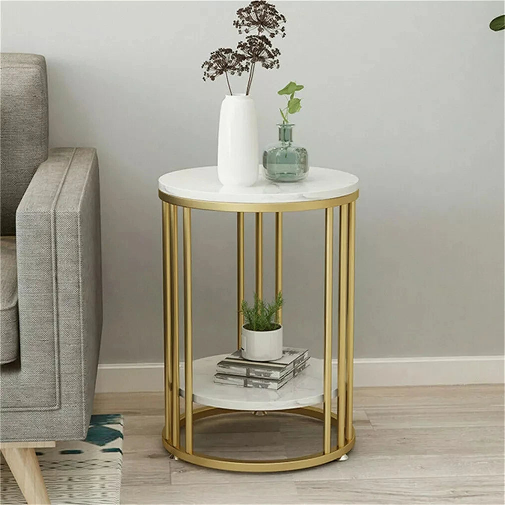 Wisfor Rund Sidobord med 2 Nivåer – Sintered Stone & Guldmetall – Modern Stil