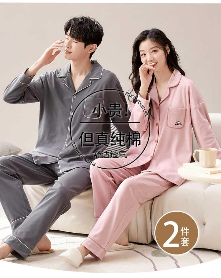 100% Bomull Parpyjamas – Höst/Vinter – Långärmad & Lös Passform – Koreansk Stil