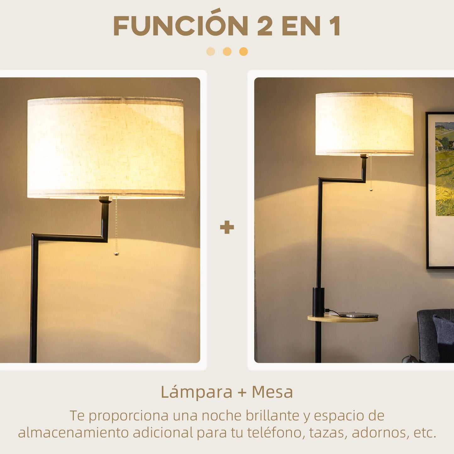 HOMCOM Golvlampa med Bord & USB – Ø 40x168 cm, E27 Max 40W