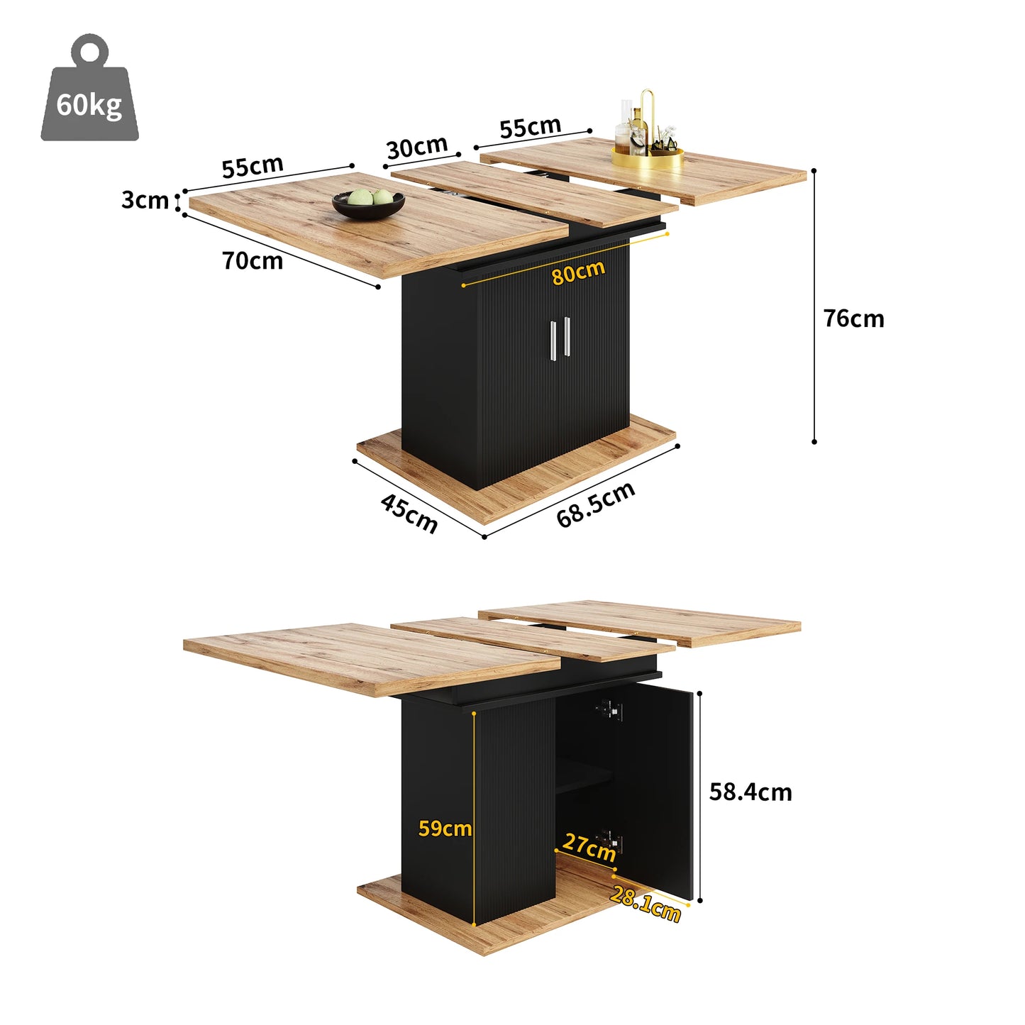Utdragbart Matbord med Förvaring – 140 × 70 cm för Kök & Vardagsrum