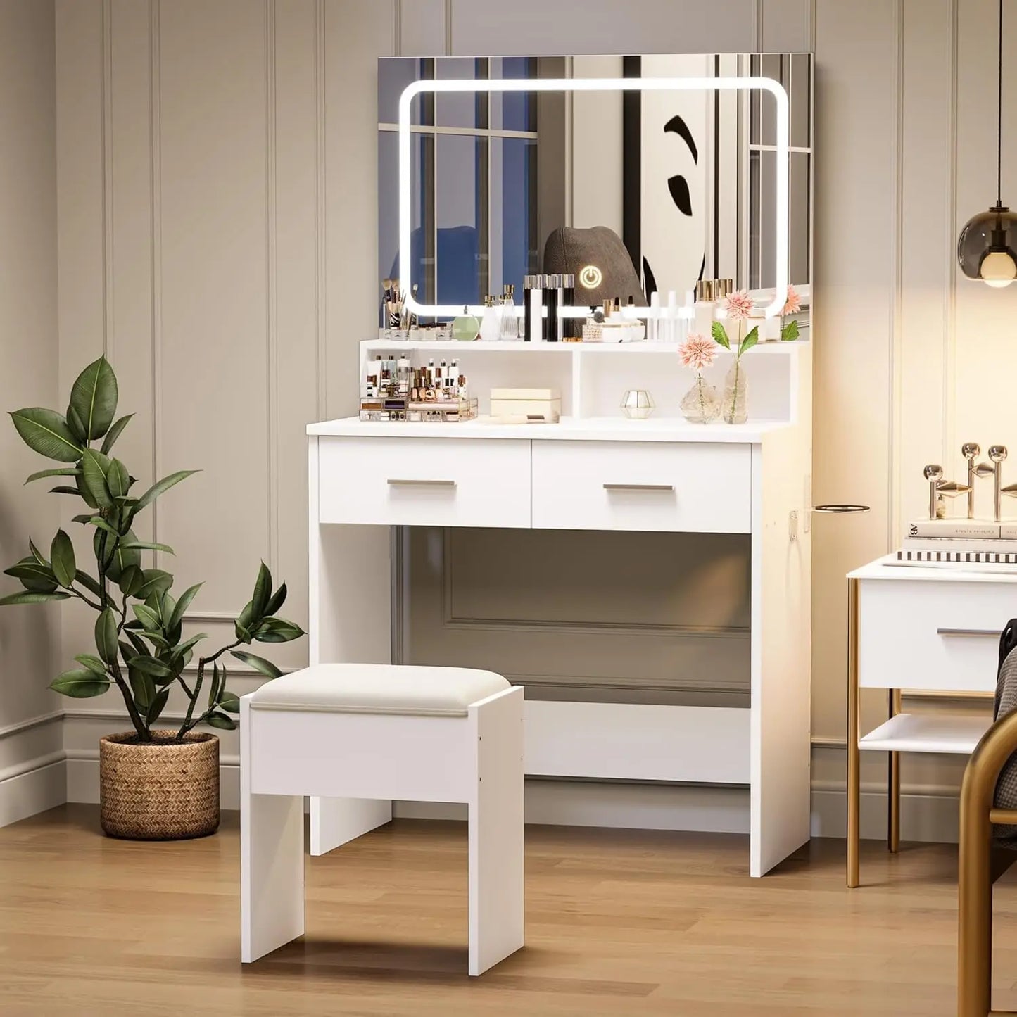 Sminkbord med LED-spegel & Eluttag – Komplett Set med Pall & Hårfönhållare