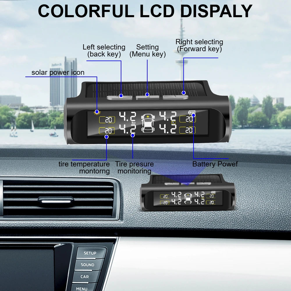 TPMS Däcktrycksövervakningssystem – Solcellsdriven med LCD-display & säkerhetslarm