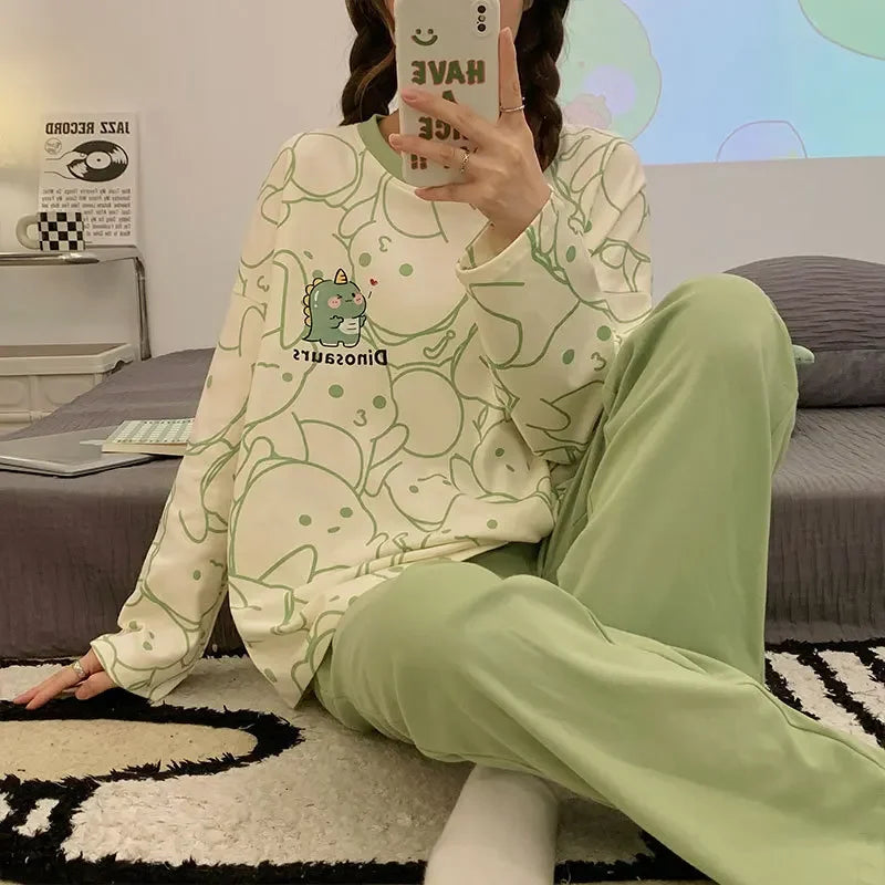 🛌 100% Kammad Bomull Pyjamas för Kvinnor – Höst/Vinter – Söt Tecknad Design – Långärmad & Långbyxor