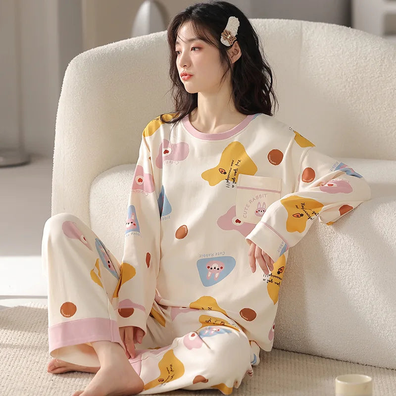 🛌 100% Kammad Bomull Pyjamas för Kvinnor – Höst/Vinter – Söt Tecknad Design – Långärmad & Långbyxor