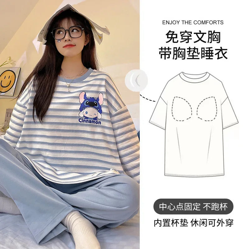 🌸 Koreansk Pyjamas för Kvinnor – Blommigt Tryck – Bomullsblandning med Korsett – Långärmad & Långbyxor