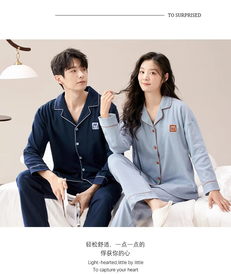 100% Bomull Parpyjamas – Höst/Vinter – Långärmad & Lös Passform – Koreansk Stil