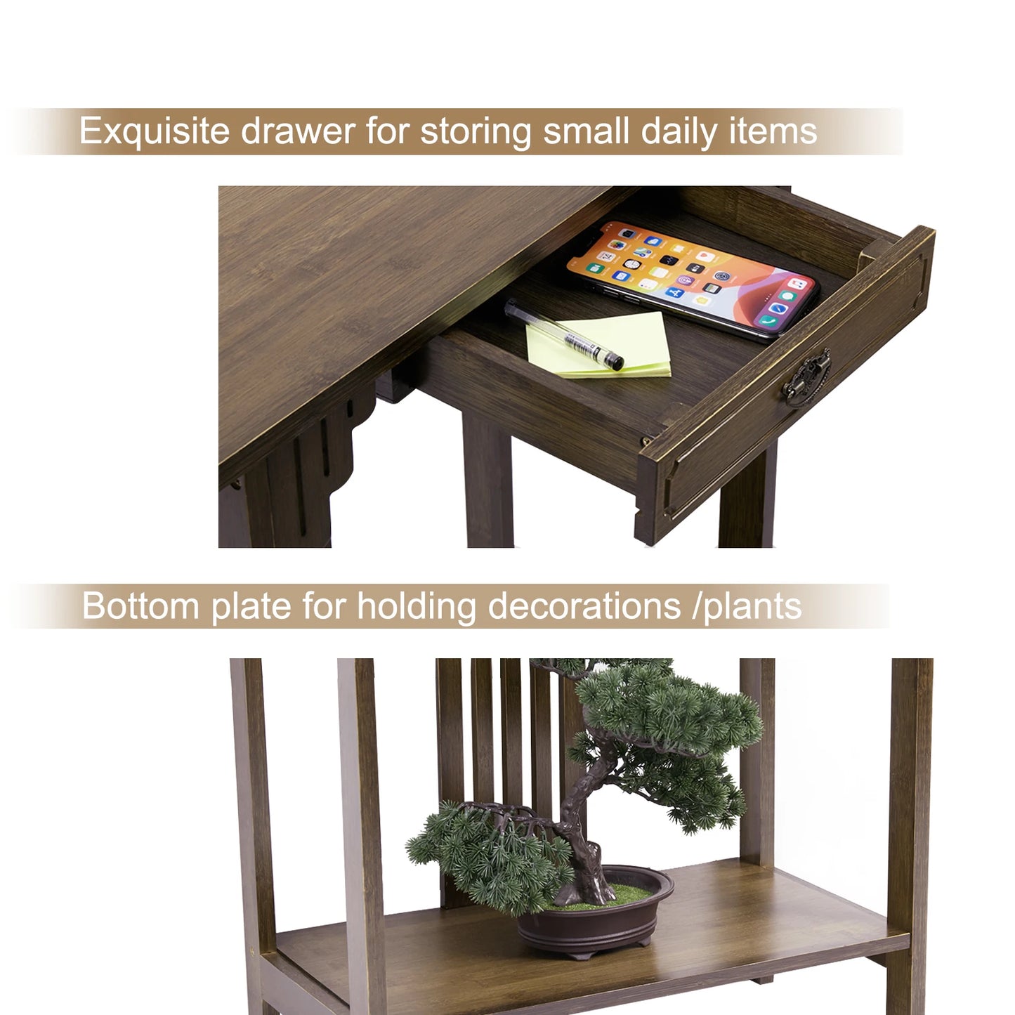 Klassisk Kinesisk Konsolbord – Bambumaterial – Med Låda & Hylla – 81.5×31.2×82.8 cm