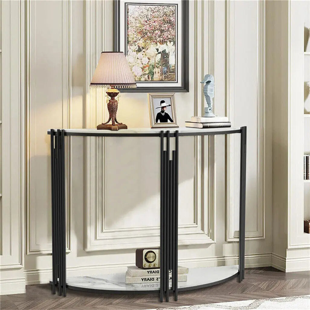 LUVODI Halvmåne Konsolbord – Sintersten & Metall – 100×78 cm – Vit & Svart