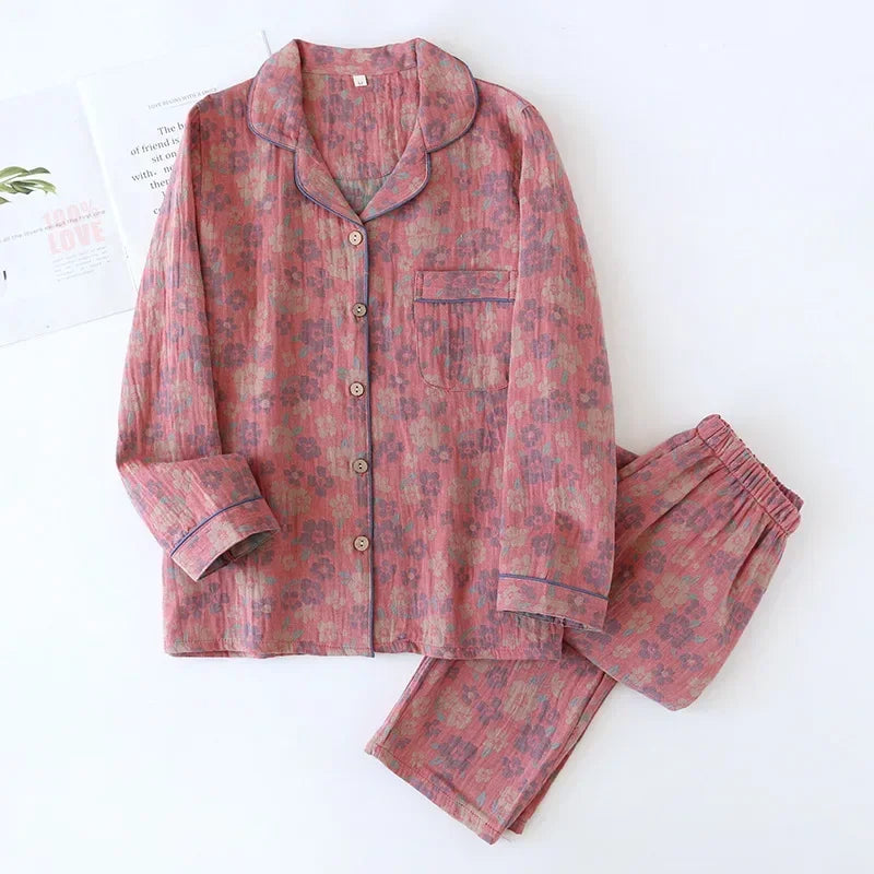 🌸 Elegant Pyjamas för Kvinnor – 100% Bomullskrepp – Blommigt Tryck – Vår & Sommar – 2-delad Set