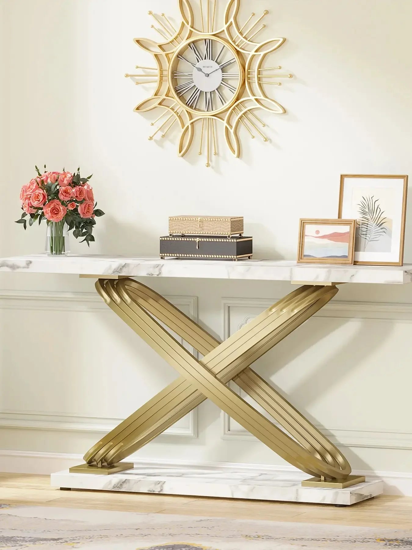 Tribesigns 140 cm Konsolbord – Marmorlook & Guld – Smal Rektangulär Design för Vardagsrum & Hall
