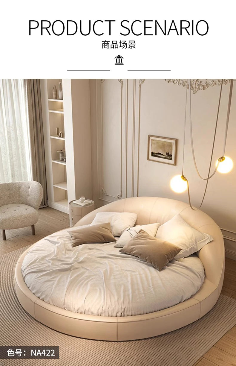 Rund Säng i Äkta Läder – Elegant Minimalistisk Design | Princess Cream Wind | 180/200 cm | Lyxig Bröllopssäng