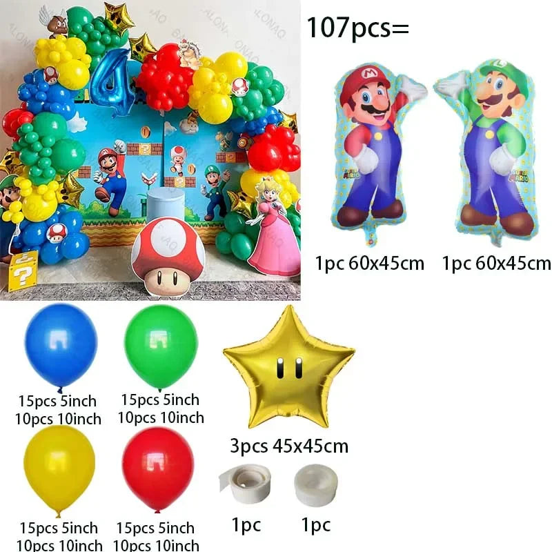 đ Ballongkit 108-pack â Super Bros Mario Tema â Röd, Gul, BlĂ„, Grön â För Barnkalas