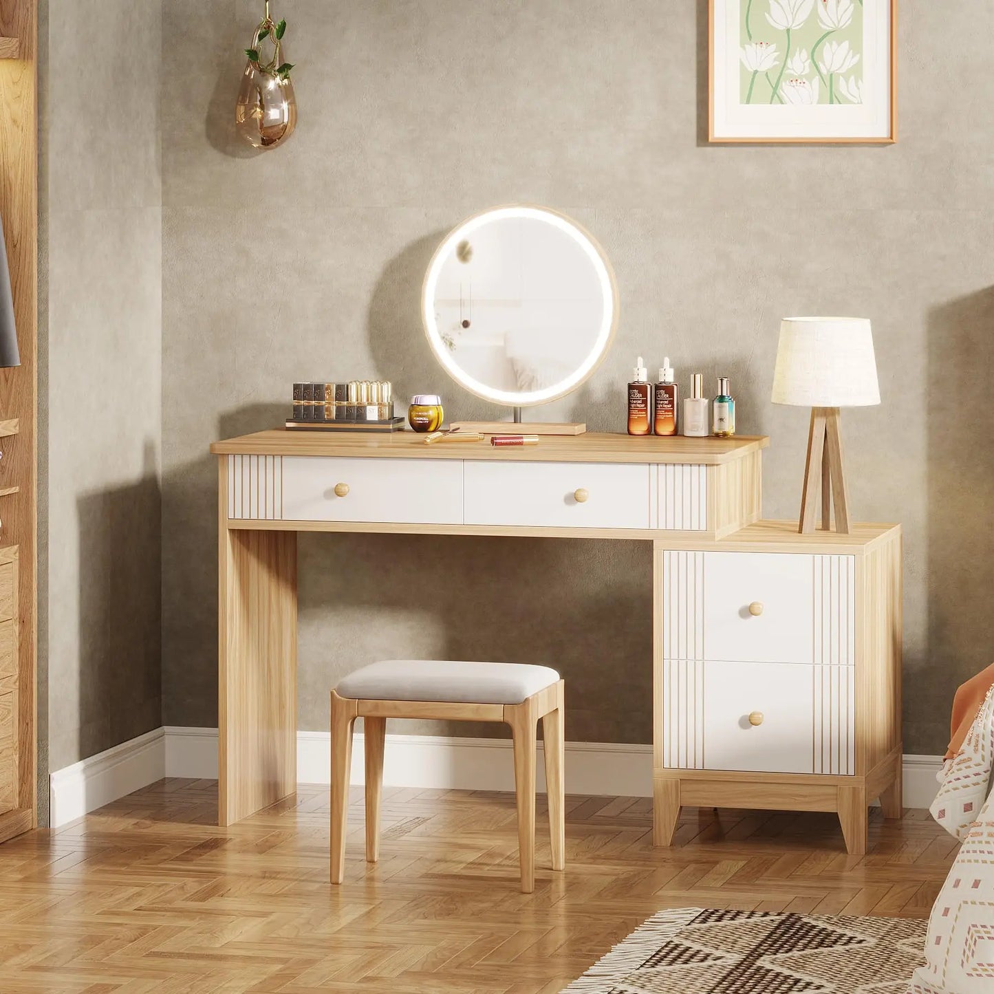 Tribesigns Sminkbord – 120 cm med 3 Lådor i Vit & Guld