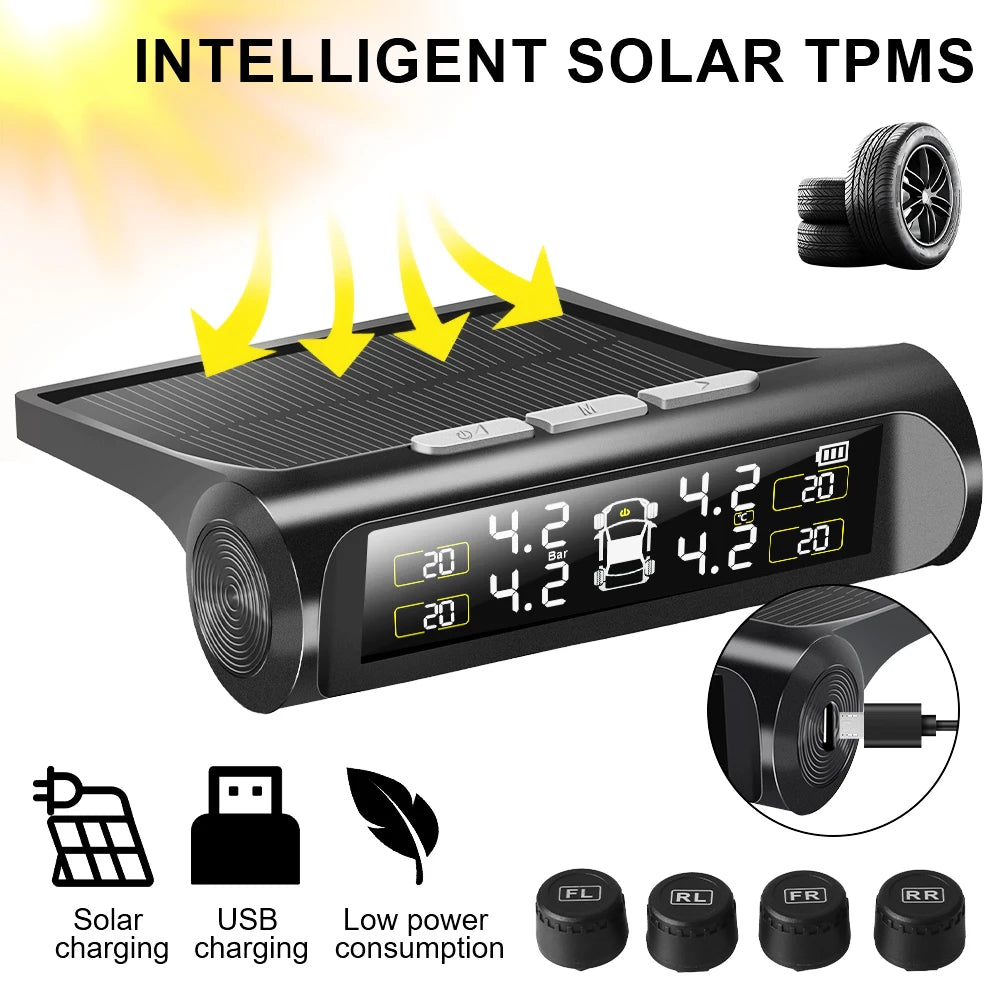 TPMS Däcktrycksövervakningssystem – Solcellsdriven med LCD-display & säkerhetslarm