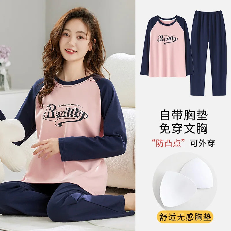 🌸 Koreansk Pyjamas för Kvinnor – Blommigt Tryck – Bomullsblandning med Korsett – Långärmad & Långbyxor