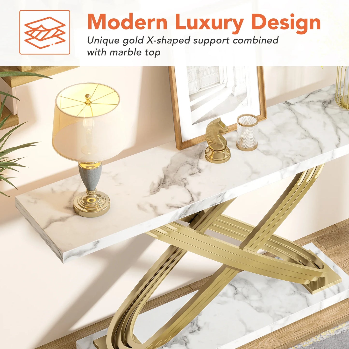 Tribesigns 140 cm Konsolbord – Marmorlook & Guld – Smal Rektangulär Design för Vardagsrum & Hall