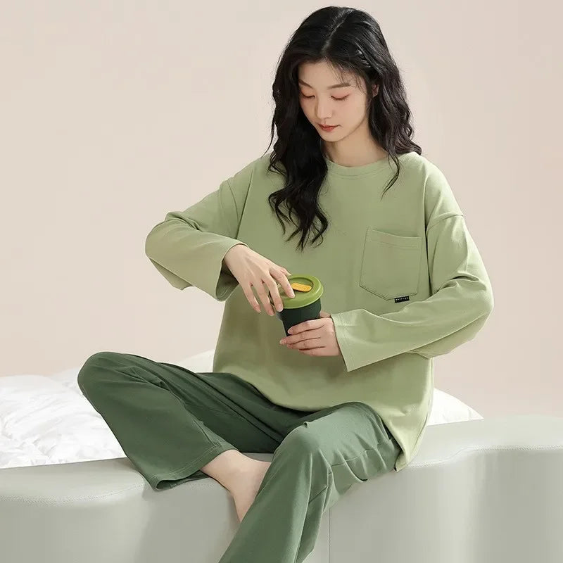 🛌 100% Kammad Bomull Pyjamas för Kvinnor – Höst/Vinter – Söt Tecknad Design – Långärmad & Långbyxor