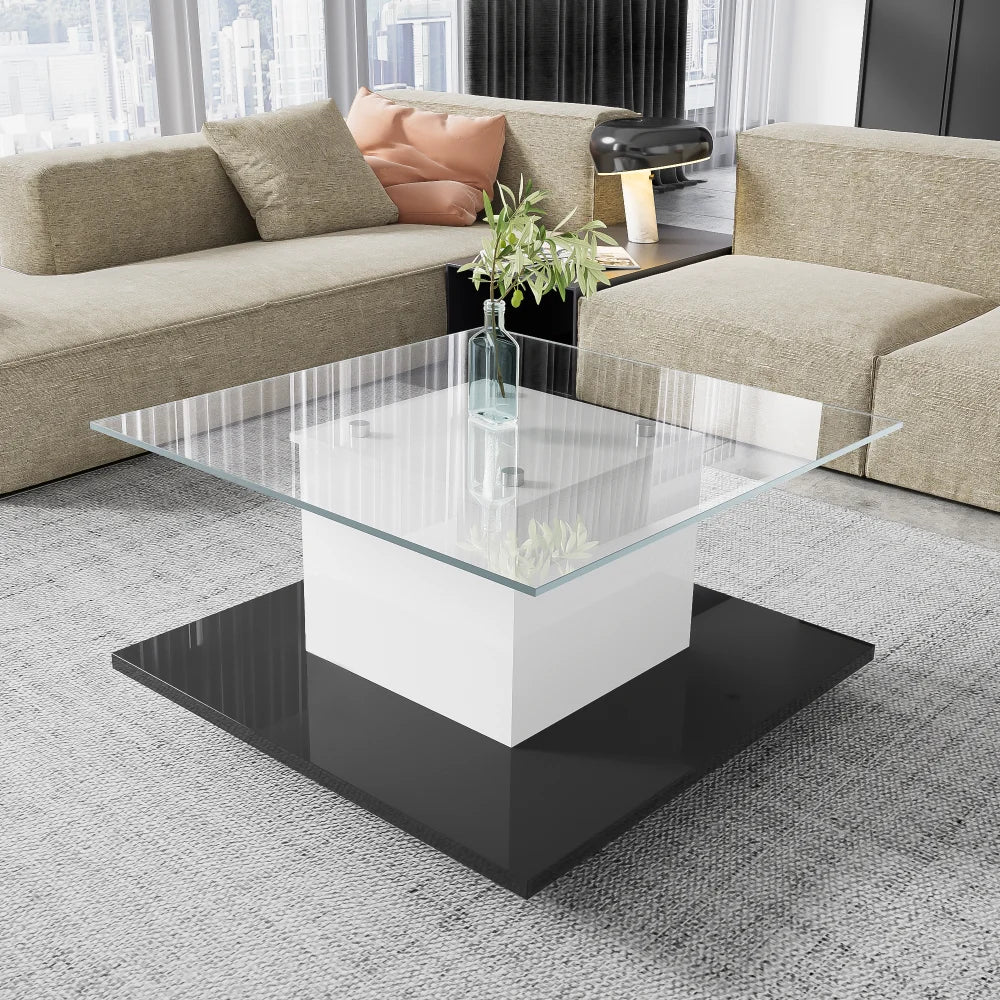 Modern Mobil Kaffebord med LED – Högblank Glasdesign – Svart & Vit – För Vardagsrum