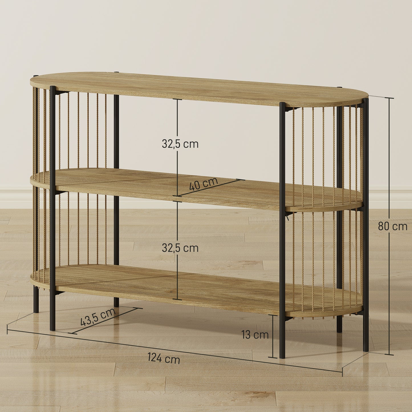 HOMCOM Konsolbord – Bohemisk Design med Handflätade Sidor & 3 Hyllplan
