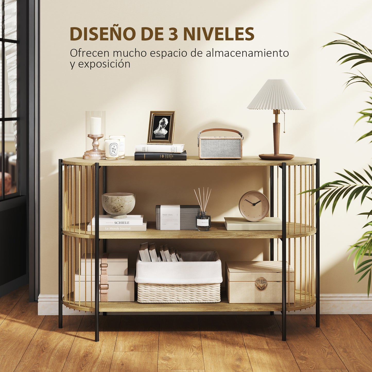 HOMCOM Konsolbord – Bohemisk Design med Handflätade Sidor & 3 Hyllplan