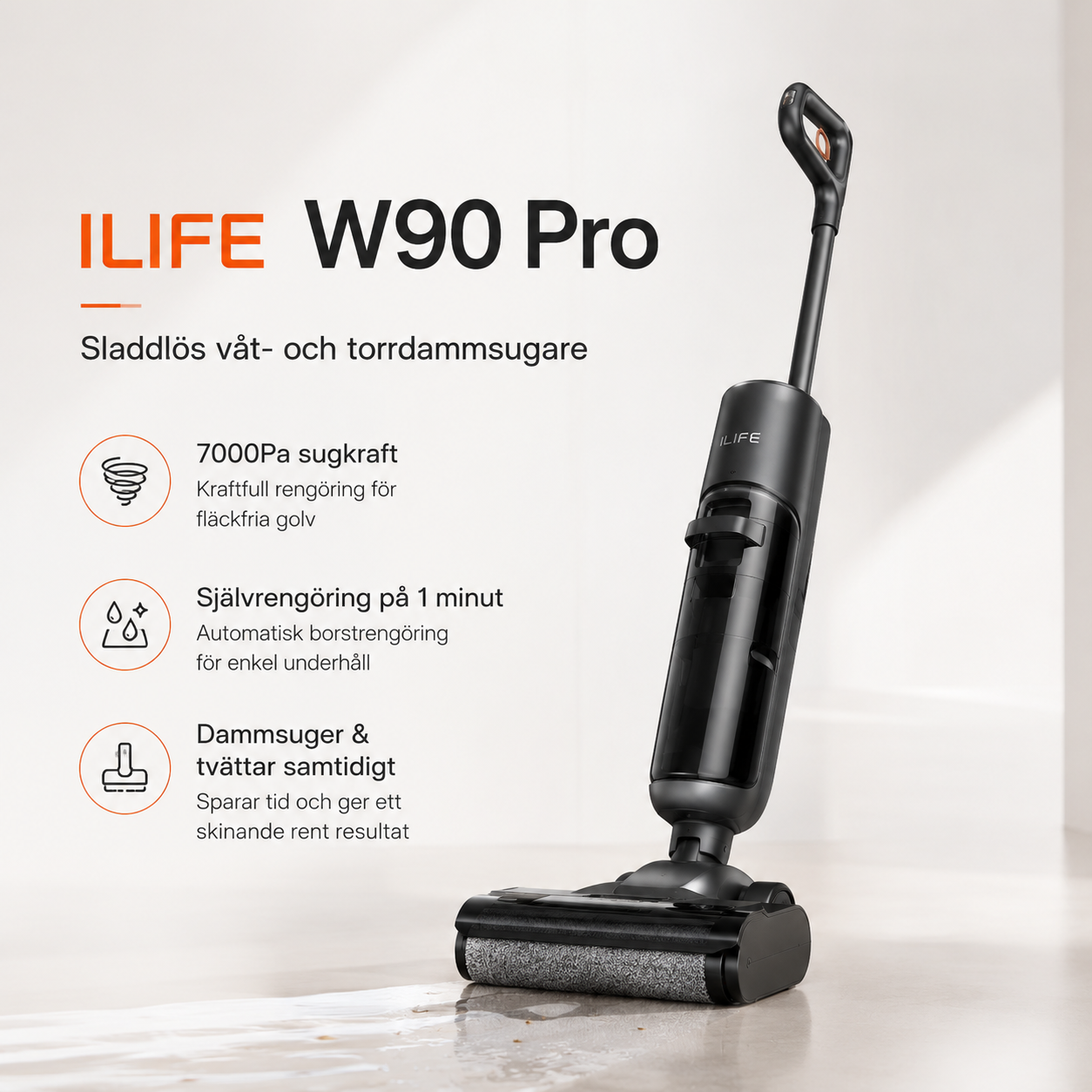 ILIFE W90 Pro Våt- och Torrdammsugare – Sladdlös Golvtvätt med Självrengöring