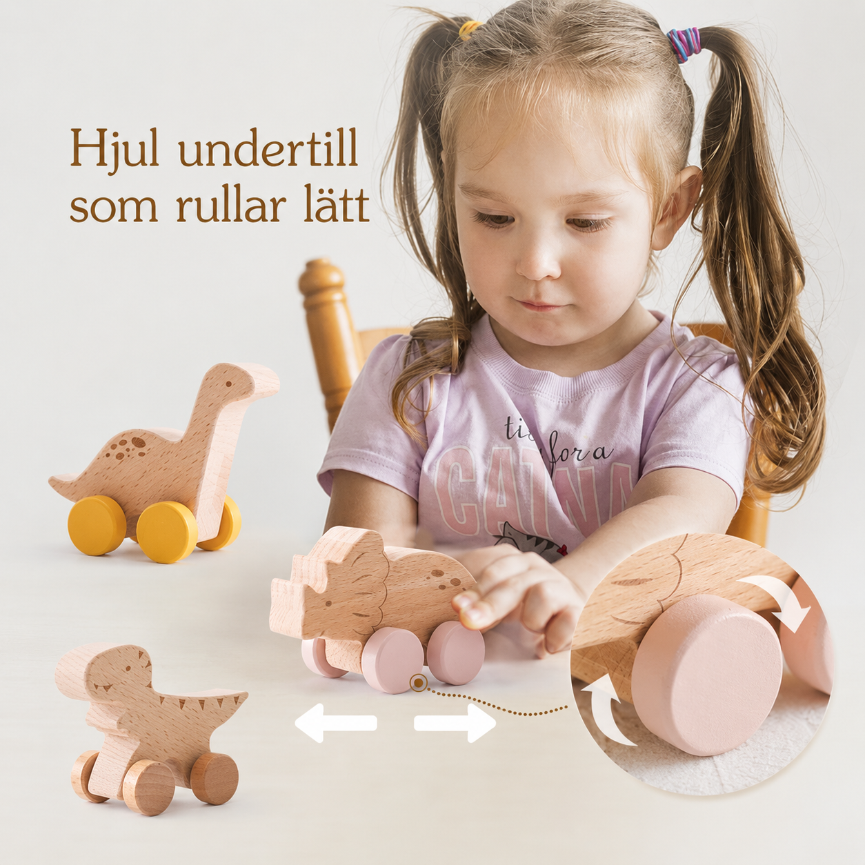 Dinosauriebil i bokträ – pedagogisk Montessorileksak