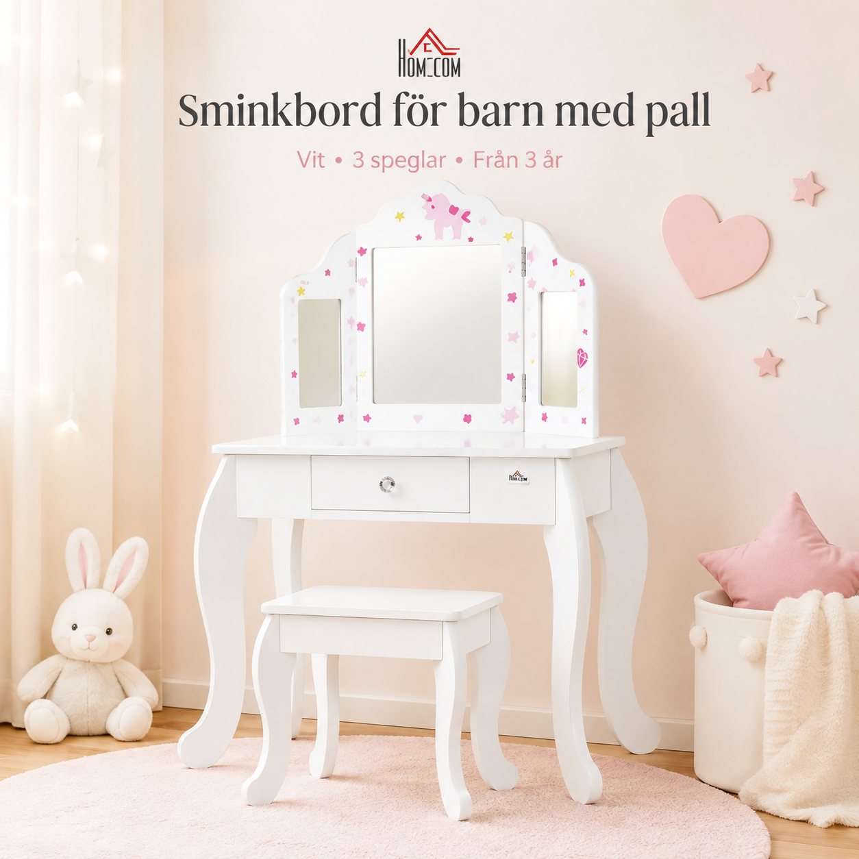 HOMCOM Sminkbord för barn med spegel, pall och låda – Vit