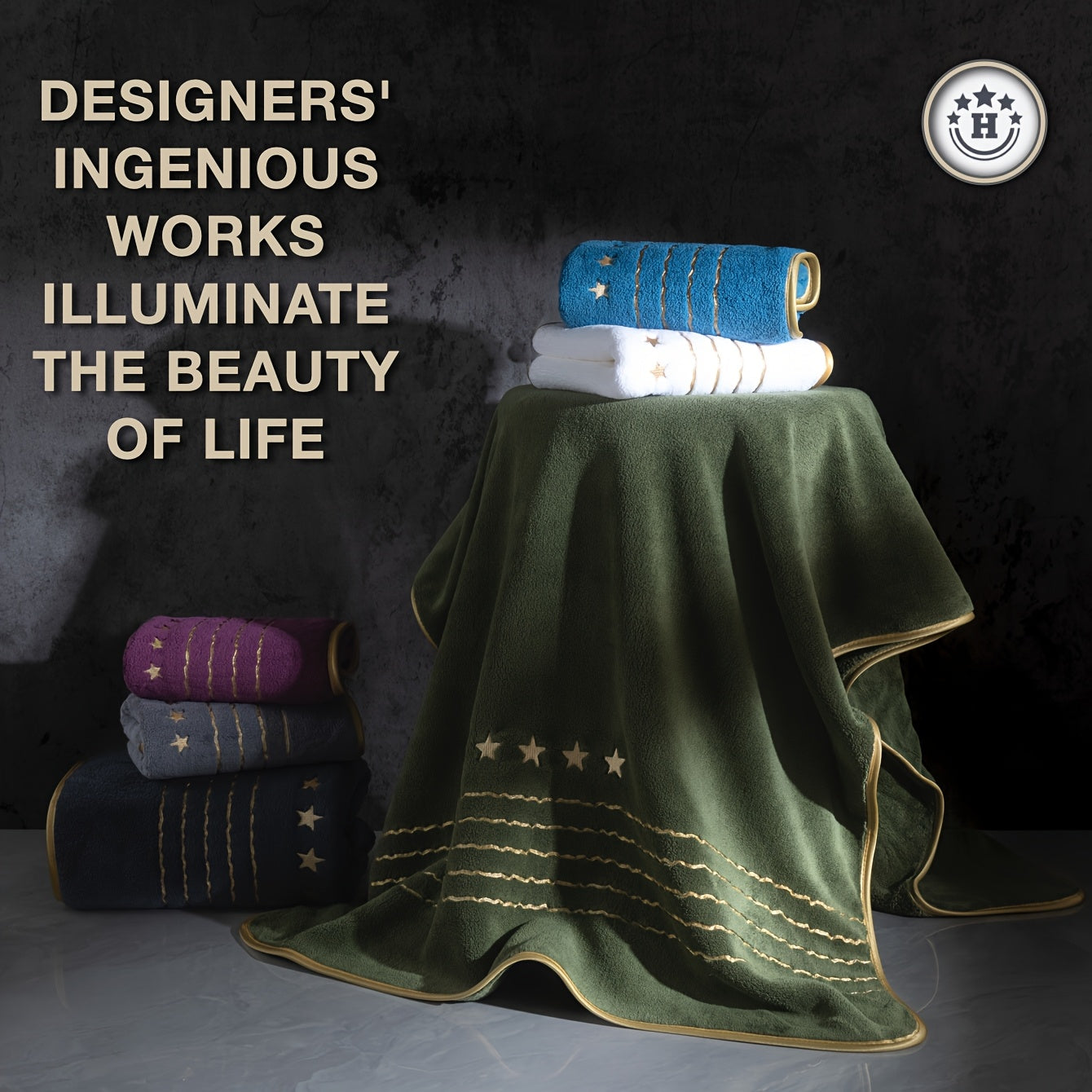 Lyxigt 4-delars Handduksset med Broderi – Ultramjukt Mikrofiber, Guldtråd, Femstjärnig Kvalitet