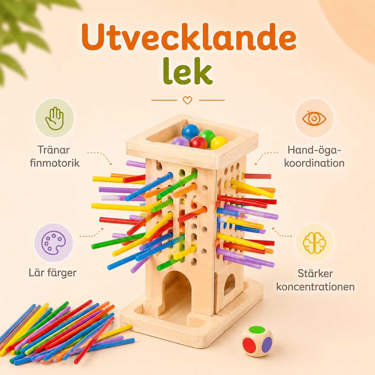 Färgglatt Montessori-spel med pinnar och bollar