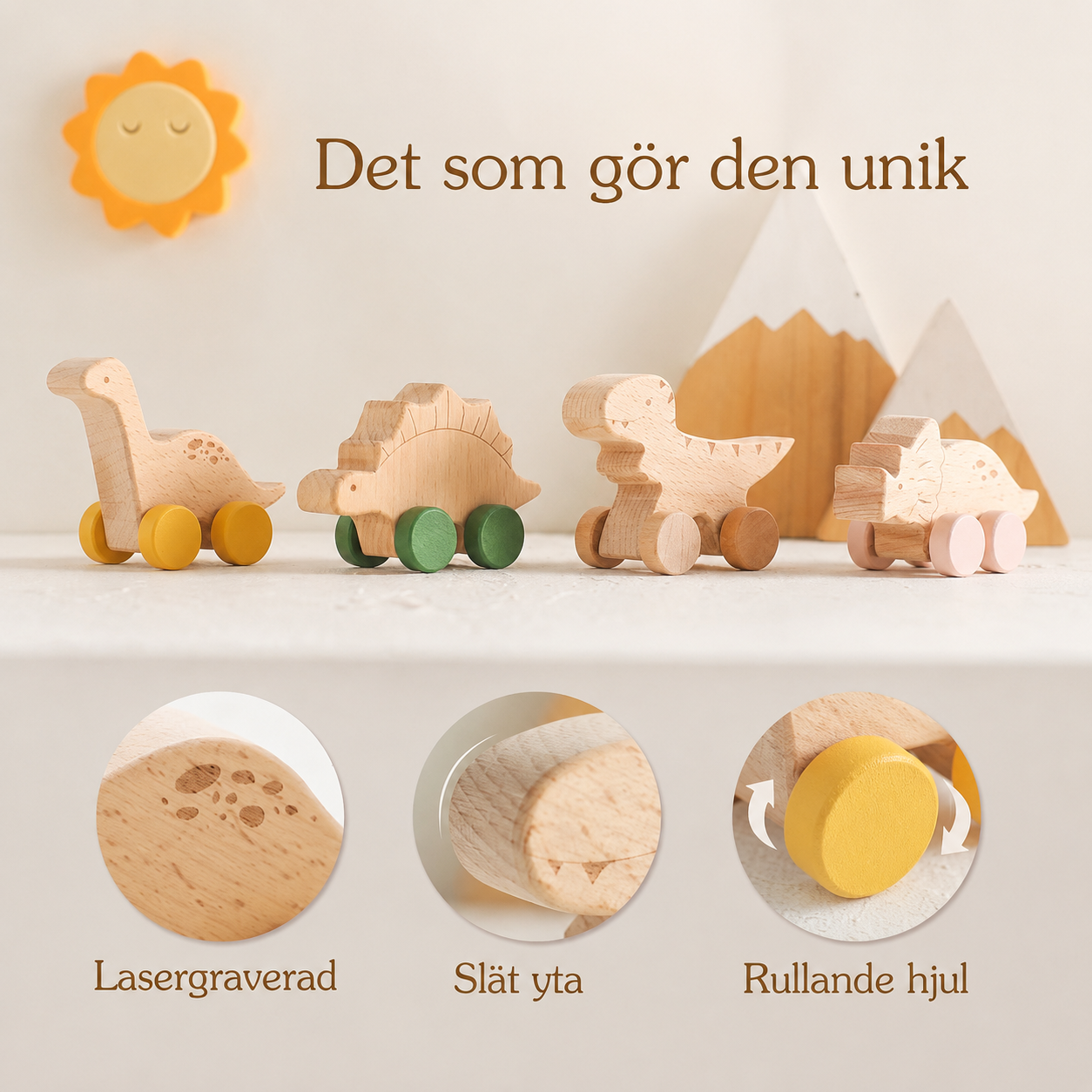 Dinosauriebil i bokträ – pedagogisk Montessorileksak