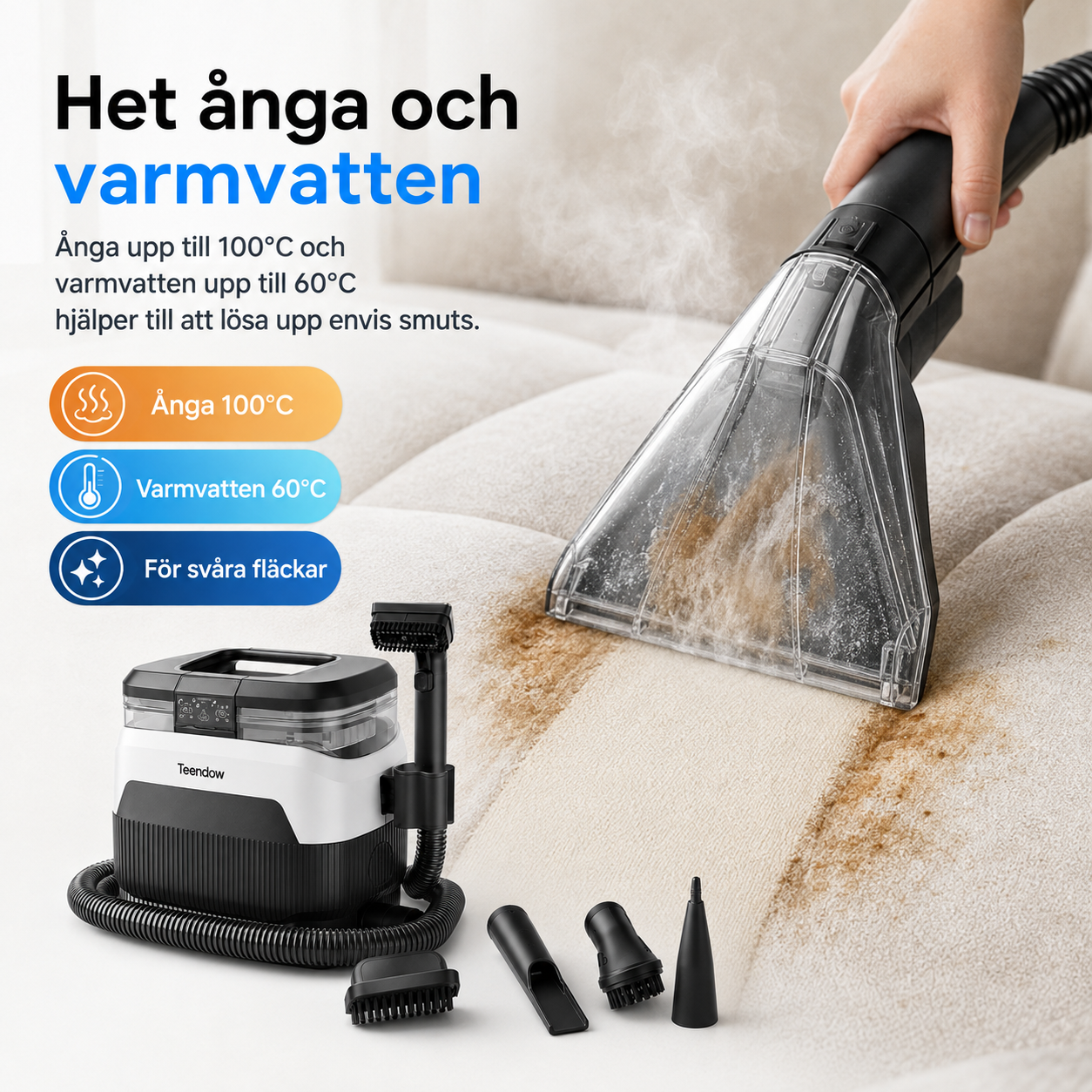 Teendow C6 MAX – 3-i-1 textil- och mattrengörare med ånga, 1650 W & 12 000 Pa