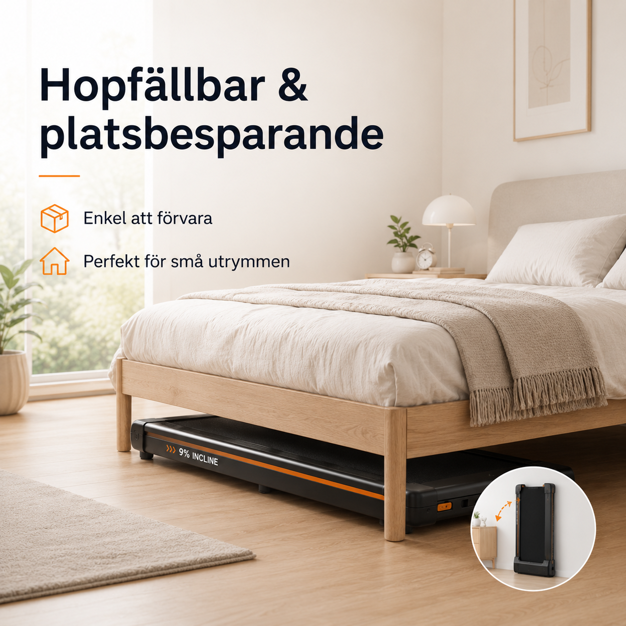 Gångband Walking Pad med 9% Lutning – Hopfällbart Tyst Löpband för Hem & Kontor