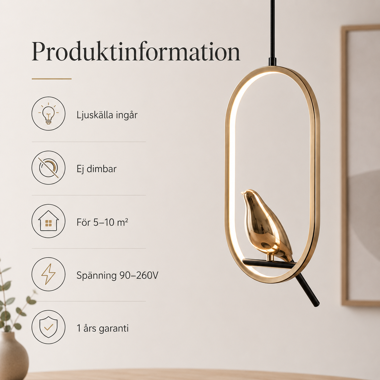 Roterbar LED-pendellampa med skata – modern taklampa i metall