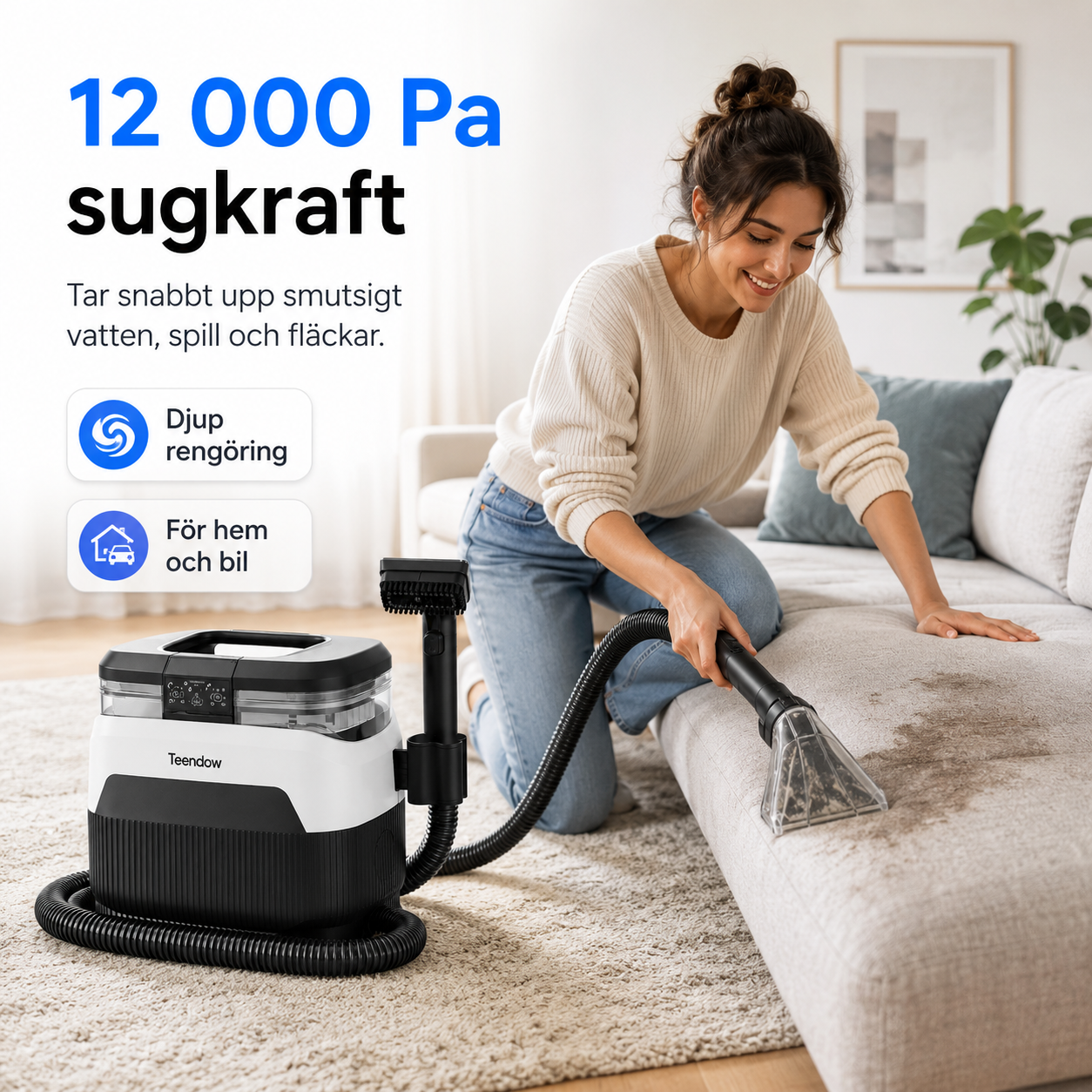 Teendow C6 MAX – 3-i-1 textil- och mattrengörare med ånga, 1650 W & 12 000 Pa