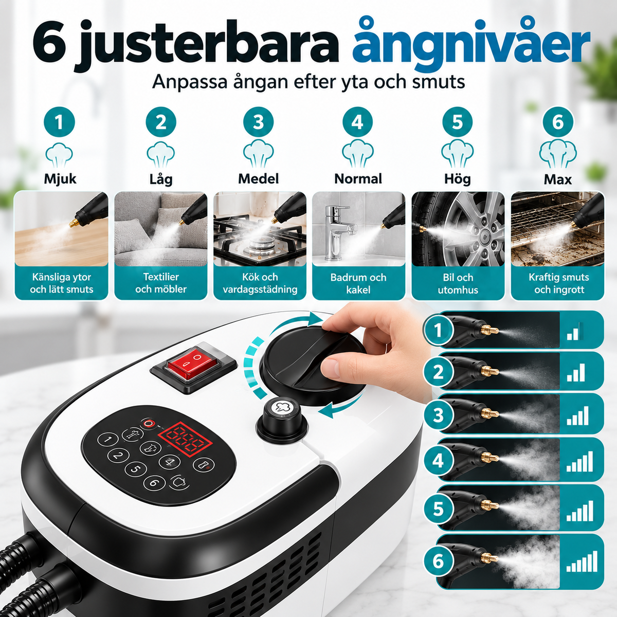 Podofo 2500W Ångtvätt – Portabel ångrengörare med 1,2 L vattentank, 6 ångnivåer och 11 tillbehör