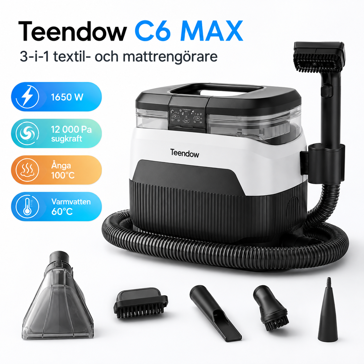 Teendow C6 MAX – 3-i-1 textil- och mattrengörare med ånga, 1650 W & 12 000 Pa